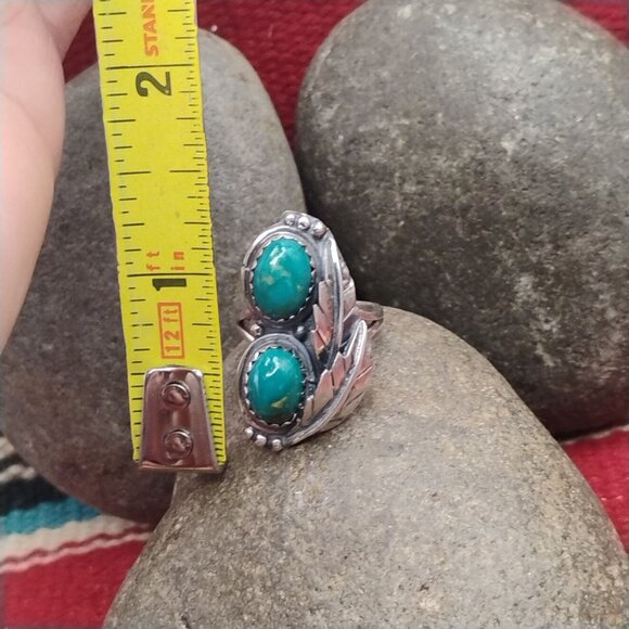 Southwest Green Turquoise in Sterling Silver Feather Leaf Design Ring Size 6.5 - Picture 3 of 6